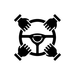 Car sharing black glyph icon. Model of car rental where people rent cars for short periods of time. Owner gives automobile for hour. Silhouette symbol on white space. Vector isolated illustration