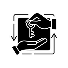 Leasing black glyph icon. Contractual arrangement calling for lessee to pay lessor for use of asset. Paying for auto or house. Silhouette symbol on white space. Vector isolated illustration