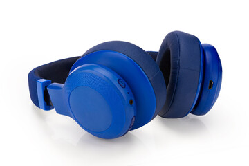 Bluetooth headphones. Blue wireless headset. Isolated. White background. Side view