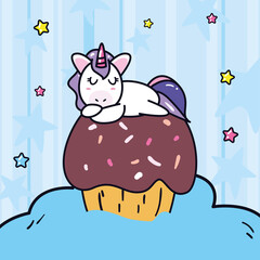 unicorn horse cartoon on cupcake with stars vector design