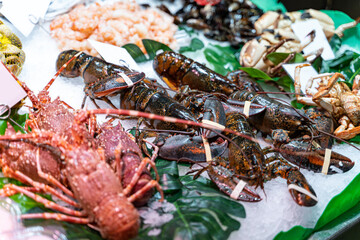 Different sorts of fish, crayfishes, crabs, molluscs, arthropods at fish market