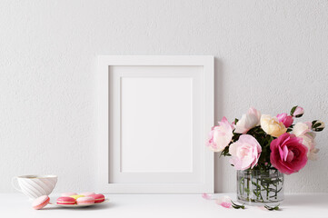 Home interior poster mock up with horizontal white frame on white wall, decorative pink flowers, colorful biscuits. 3D rendering. 3D Illustration