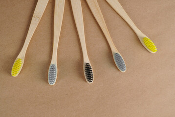 Eco concept. Zero waste. Bamboo toothbrushes on craft paper. 
