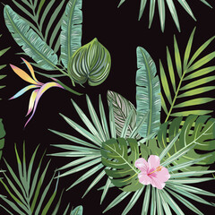 tropical seamless pattern with monstera, banana, palm leaves and hibiscus on black background.
