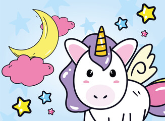 unicorn horse cartoon with moon clouds and stars vector design