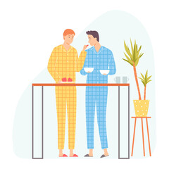Fototapeta premium Two men preparing breakfast. Gay couple. Vector illustration in hand drawn flat style.