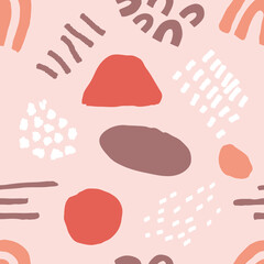 Abstract seamless pattern in trendy style with botanical and geometric elements, textures. Trendy pastel colors. 