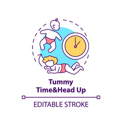Tummy time and head up concept icon. Baby crawling. Newborn laying. Early childhood development idea thin line illustration. Vector isolated outline RGB color drawing. Editable stroke