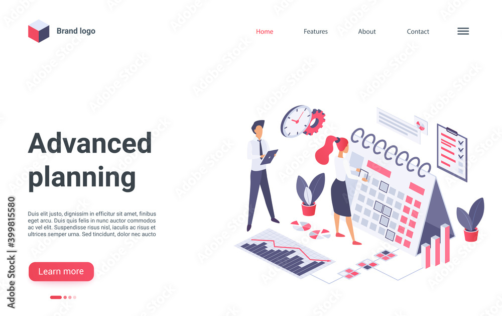 Aufkleber Advanced planning landing page vector template. Management website interface idea with flat illustrations. Work optimization homepage layout. Teamwork web banner, webpage isometric cartoon concept