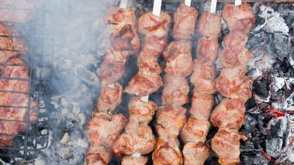 Delicious grilled pork meat in BBQ Barbecue with pork meat. Kebabs on the grill. Close-Up Of Meat On Barbecue Grill With Smoke.