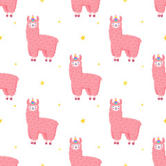 Fototapeta premium Cute llama unicorn, seamless pattern, pink fluffy alpaca. Girlish print on textiles, packaging, fabric, wallpaper.