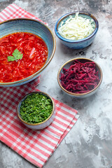 front view delicious borsch ukrainian beet soup inside plate on the white background cuisine photo dish meal color