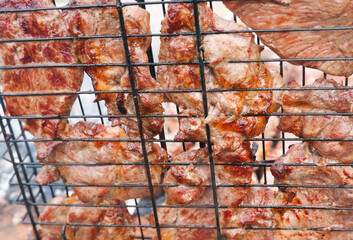 Delicious grilled pork meat in BBQ Barbecue with pork meat. Kebabs on the grill. Close-Up Of Meat On Barbecue Grill With Smoke.