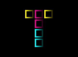 T letter cmyk color vector desing logo. Dynamic split blue, pink, yellow color on black background. For social media,design elements, creative poster, web template and more