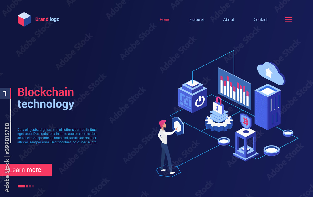 Poster 3d cartoon tiny people work with blockchain website design, make money cryptocurrency analytics, trade or exchange bitcoin concept landing page. Isometric blockchain crypto technology illustration