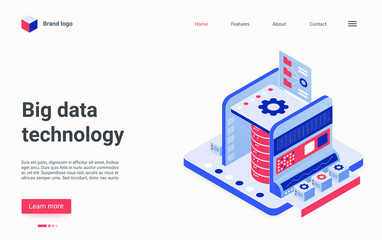 Creative concept landing page, interface banner design with cartoon 3d tech datacenter service of cloud server storage, digital database hardware, isometric big data technology vector illustration