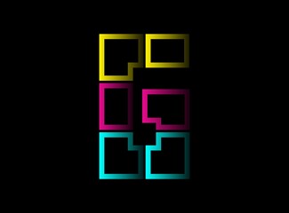 Obraz premium G letter cmyk color vector desing logo. Dynamic split blue, pink, yellow color on black background. For social media,design elements, creative poster, web template and more