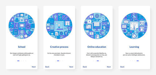 Online education, school learning creative process vector illustration. UX, UI onboarding mobile app page screen set with line schooling training studying, educational item and technology for students