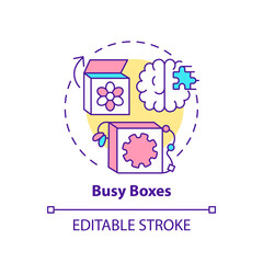 Busy boxes concept icon. Toy for toddler. Coordination skills learning. Creativity. Early childhood development idea thin line illustration. Vector isolated outline RGB color drawing. Editable stroke