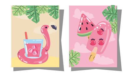 Summer cocktail in flamingo and watermelon ice cream in frames vector design