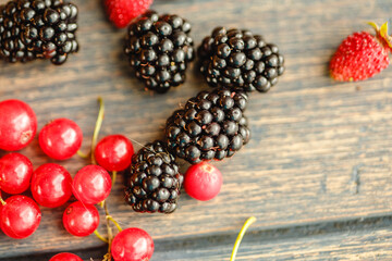 Assorted fresh summer berries. Raspberries, gooseberries, blackberries, currants, wild strawberries, strawberries.