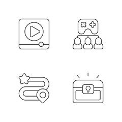 Video gaming linear icons set. Watching ads, multiplayer mode, game progress and player inventory customizable thin line contour symbols. Isolated vector outline illustrations. Editable stroke