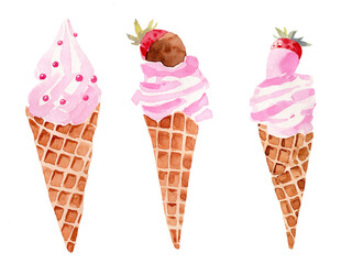 Watercolor illustration set of strawberry ice creams in a waffle cup