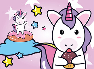 unicorns horses cartoons with cake on cloud and cupcake vector design
