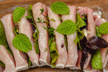 Cooking meat in the oven. Baked pork, beef or lamb.