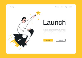 Startup business, product launch homepage concept. Cute cartoon man is sitting on the rocket and trying to catch the star. Flat line vector UI vector illustration. 