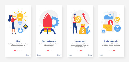 Startup business idea with rocket launch and light bulb, investment, social media technology vector illustration. Mobile app page onboard screen set with cartoon flat concept of business projects