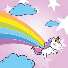 unicorn horse cartoon sleeping with rainbow and clouds vector design