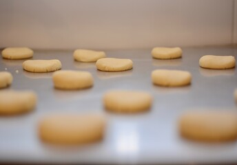 Christmas cookie dough shaped ready for the oven on a greased tray isolated.