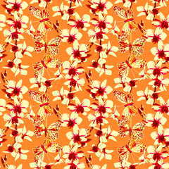 Orchids with butterfly insect seamless pattern.