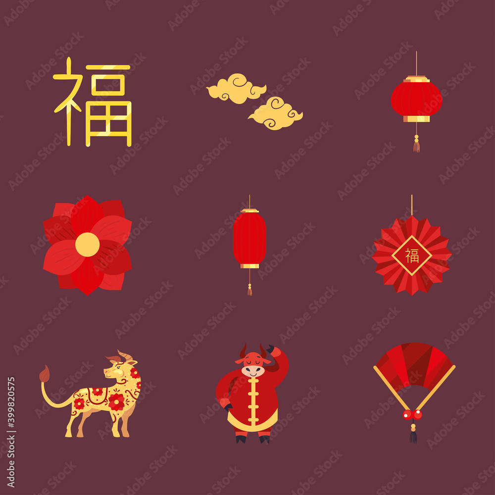 Sticker chinese new year 2021 icons collection vector design