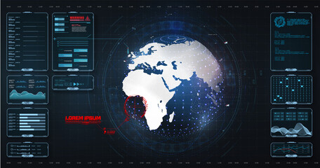 Data screen with chart, graphic, ui, ux panel, visualization screen. Earth globe, control center, command, game. Globe with digital radar interface, concept of communication technology. Vector © ZinetroN