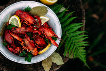 Boiled crayfish in a plate with dill