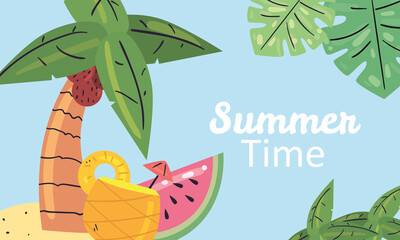 Summer time pineapple cocktail watermelon and palm tree vector design