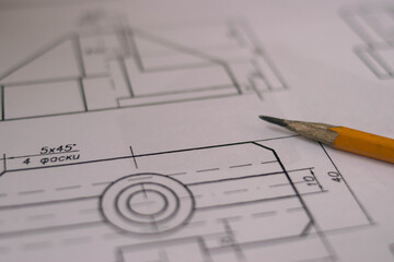 Drawing. Detail plan. Sharpened pencil. Constructions.