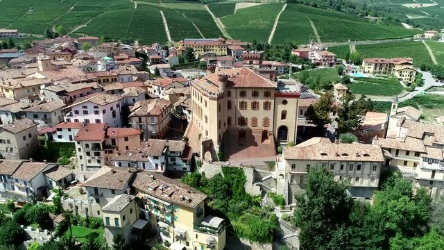 Aerial birds eye view of Barolo is a comune in the Province of Cuneo in the Italian region Piedmont located about 50 kilometres southeast of Turin and famous for its wine production 4k high resolution