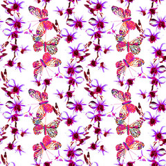 Orchids with butterfly insect seamless pattern.