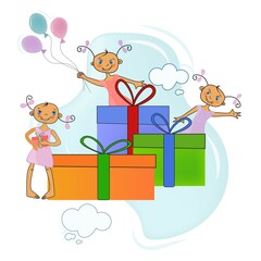 Cute cartoon funny girls with bright gifts.Blue, orange, green colors. Modern design.