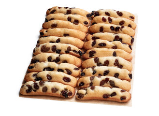 Sponge cake fingers with sultanas isolated on white