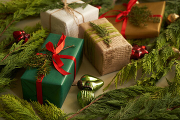 Naklejka na ściany i meble Christmas background with decorations and gift boxes