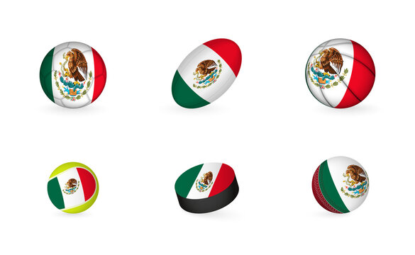 Sports equipment with flag of Mexico. Sports icon set.