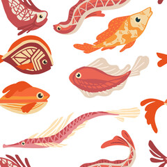 Seamless pattern of sea exotic fishes flat vector illustration on white background