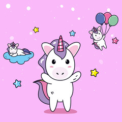 unicorns horses cartoons with stars balloons and cloud vector design