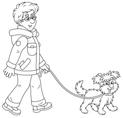 Young man in winter clothes walking in a good mood with his cheerful shaggy dog, black and white outline vector cartoon illustration