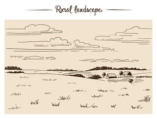 Hand drawn sketch of the countryside with cows grazing in the meadow. Suitable for decoration of natural farm products, dairy production.