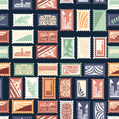 Seamless pattern of postal stamps retro vintage style pictures travel labels and badges flat vector illustration on dark blue background